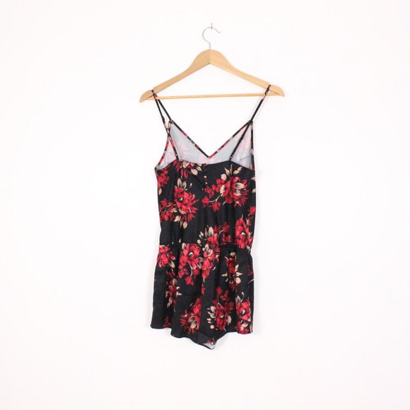 La Vie En Rose Satin Night Black & Red Floral Romper - Picture 7 of 9